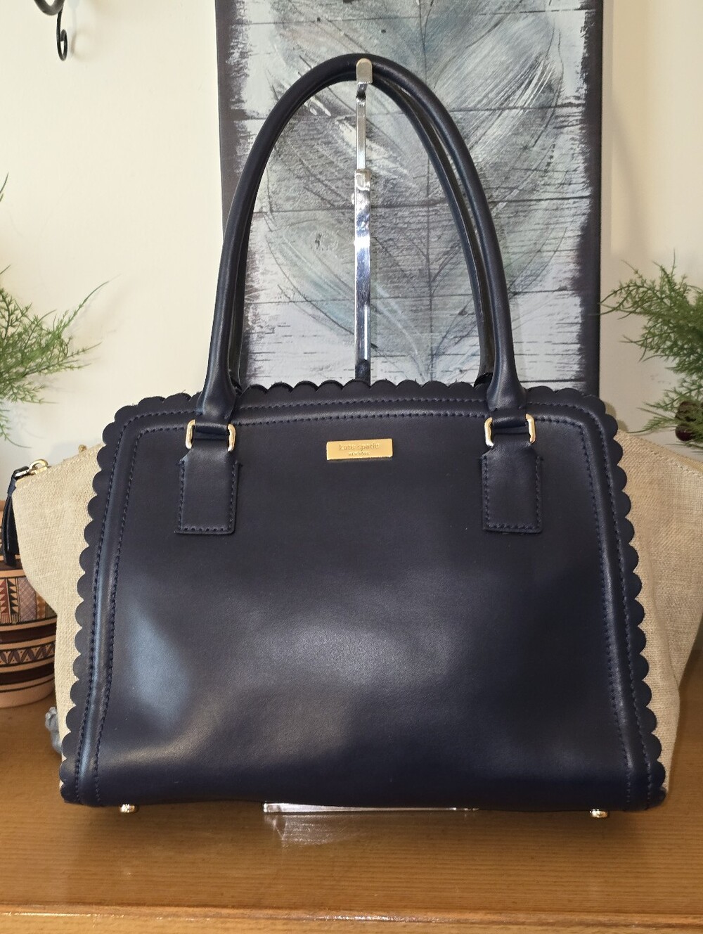 Kate Spade Marguerite Lilac Road Navy Leather With Cream Side Gussets EUC
